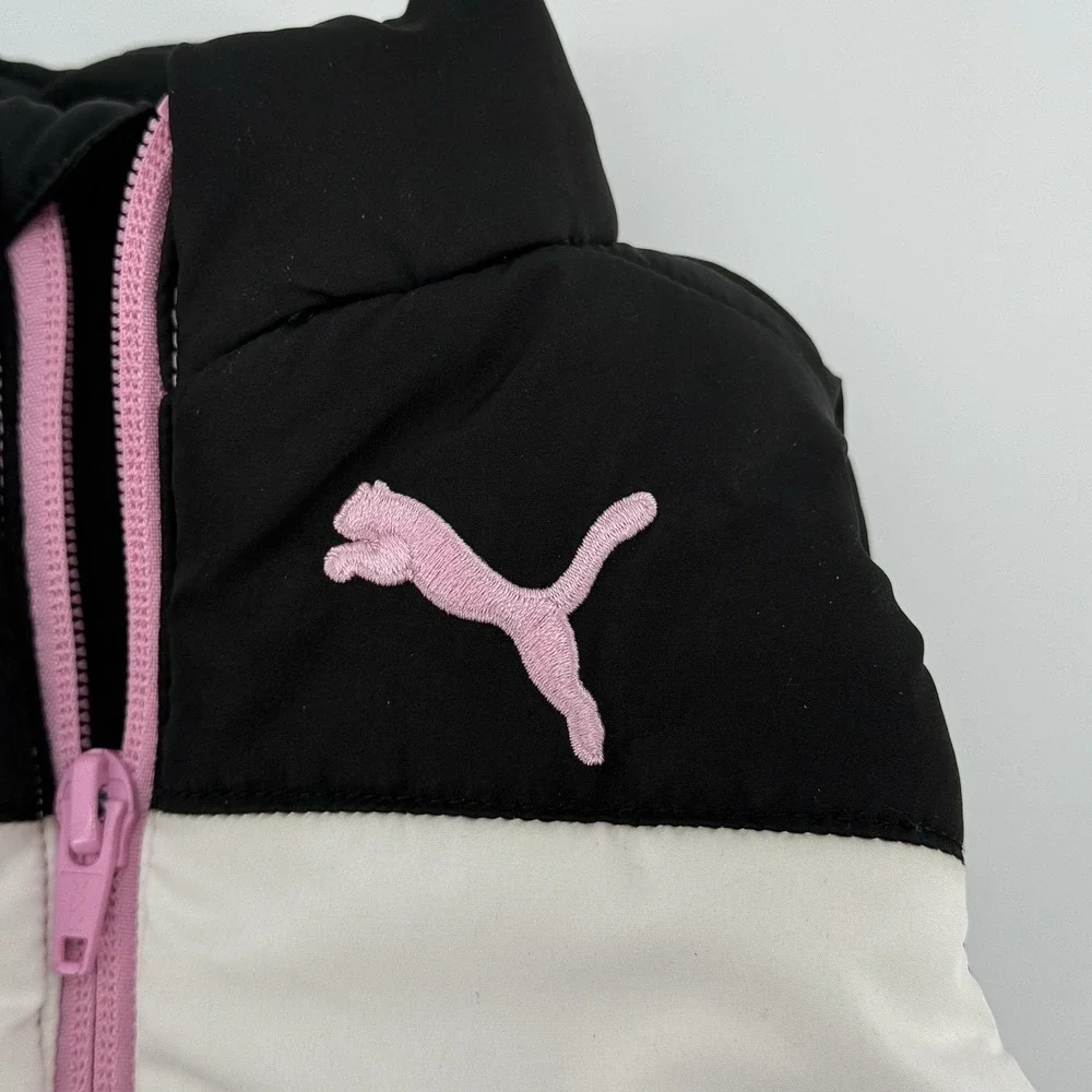 Puma Girls Youth Size‎ 4 Vest Puffer Jacket Black White Pink Logo Full Zip Warm